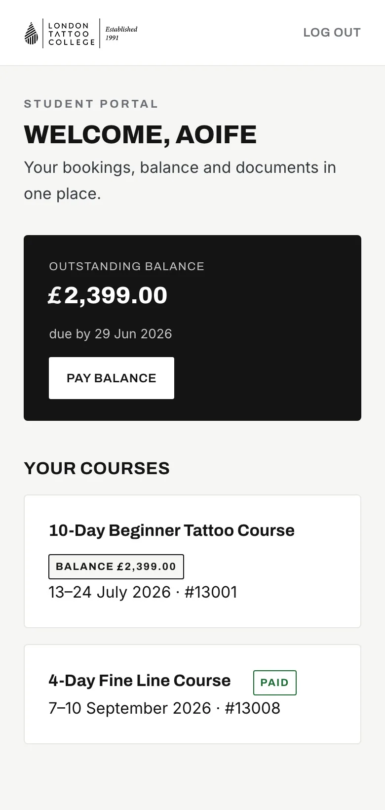 The Leeds Tattoo College student portal open on a phone, showing a course balance and upcoming dates