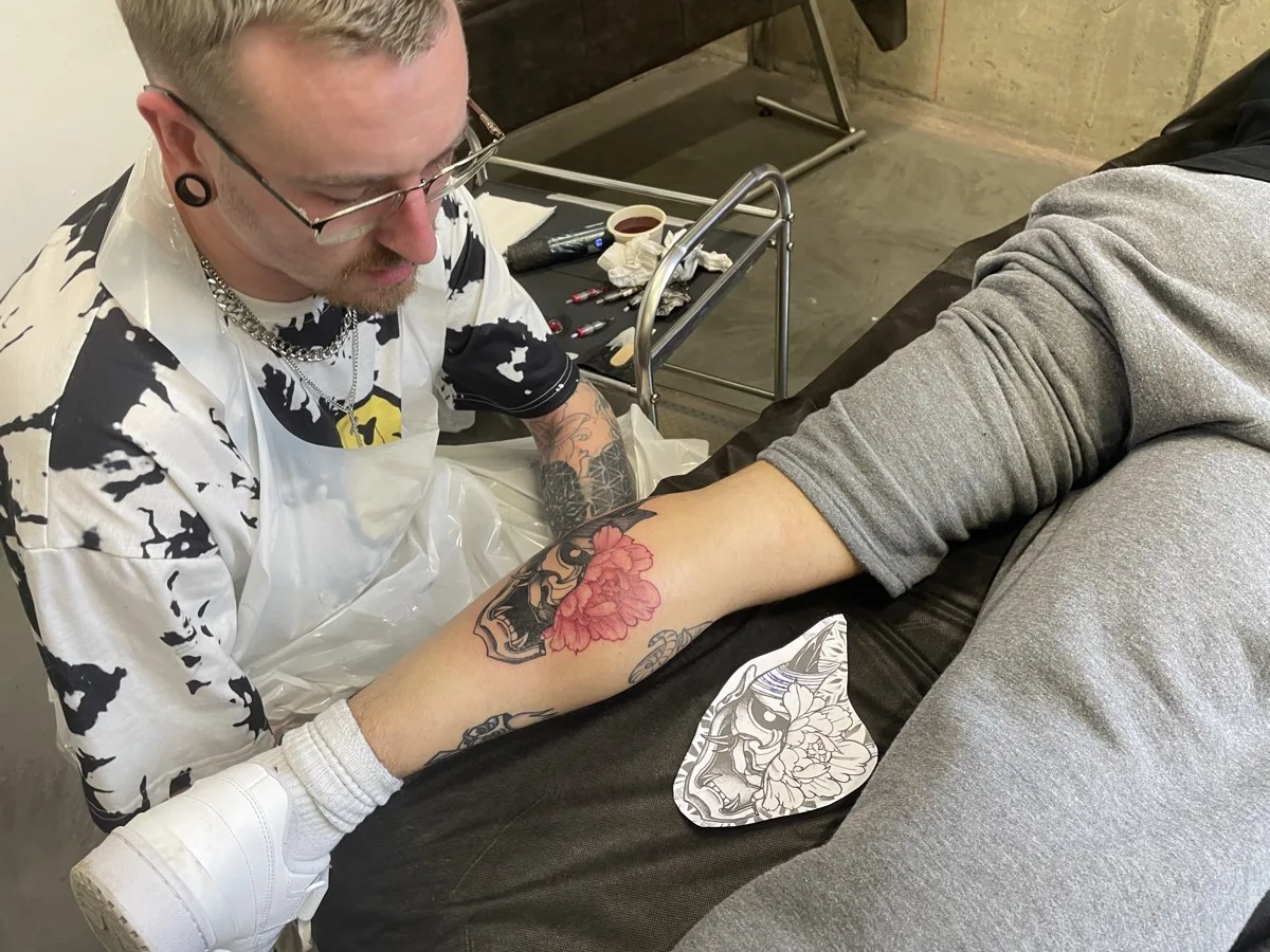 Hannya mask and peony colour tattoo
